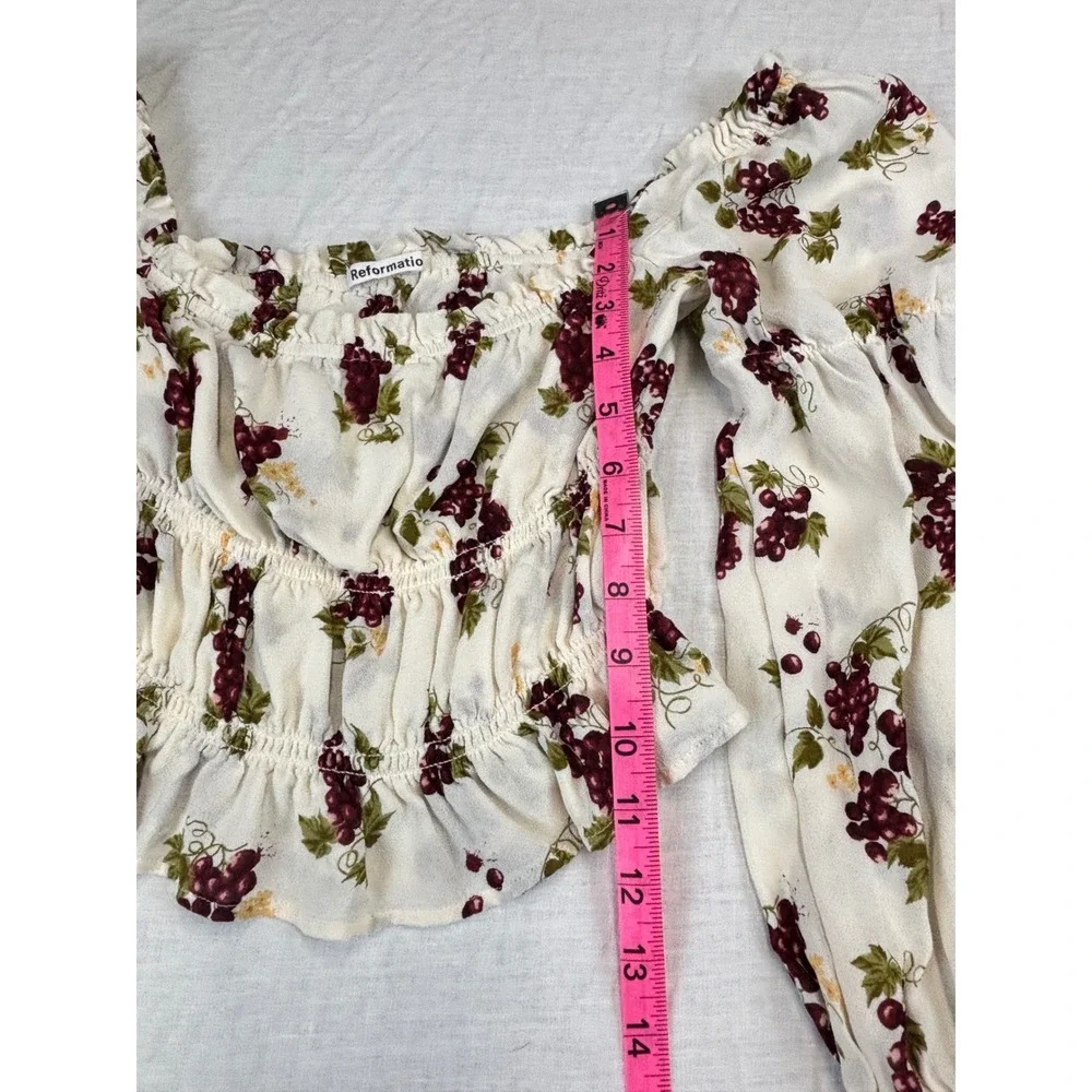 Reformation Blouse Women‎ S White Purple Grape Floral Peasant Puff Sleeve Top